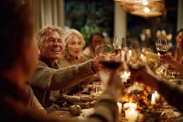 Family Toasting With Wine at Dinner Table With Candles, Symbolizing Celebration and Generational Connection During Holiday Gatherings : Generative AI