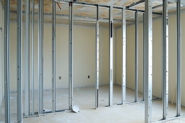 Interior framing installation in new home construction site showing metal studs and framework for walls and ceilings
