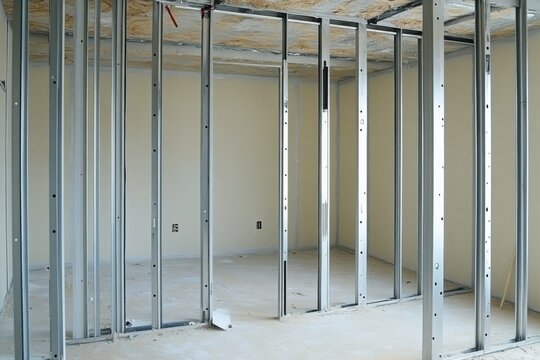 Interior framing installation in new home construction site showing metal studs and framework for walls and ceilings
