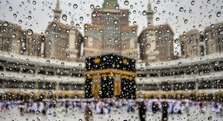 Kaaba Mecca through Rainy Window with People Praying