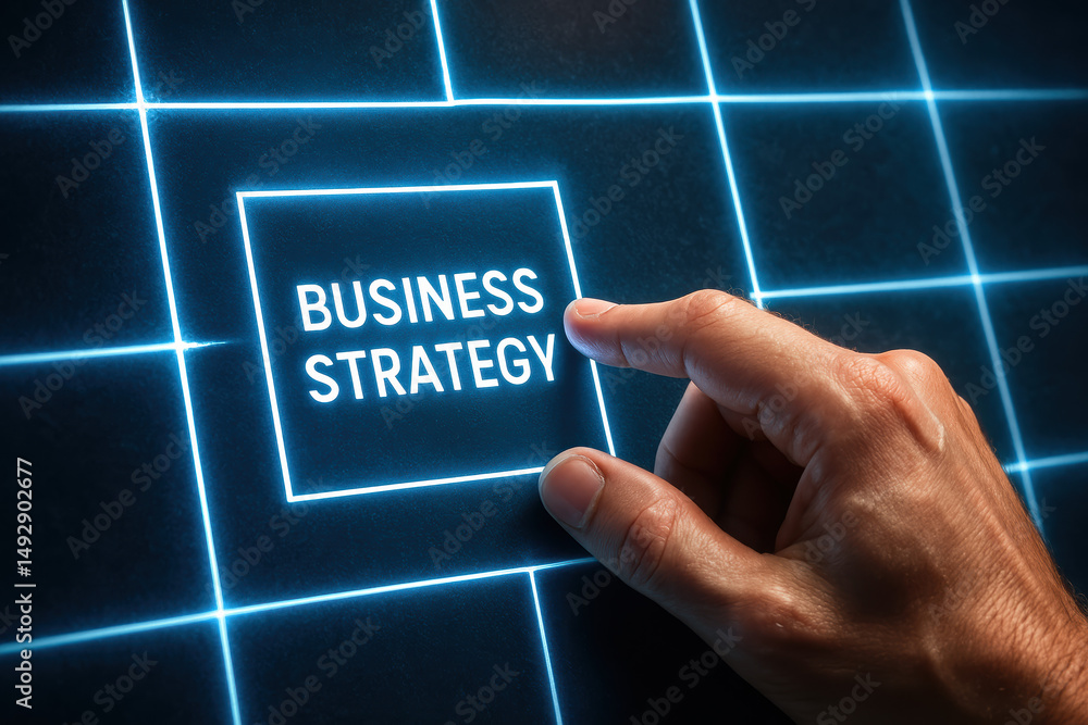 Poster a hand gently selects a highlighted on a glowing grid representing strategic decision making in busi
