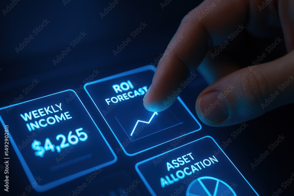 Poster a precise finger interaction with a smart dashboard highlights decision-making through strategy and 