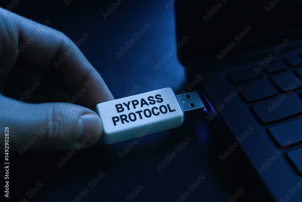 Poster a strategic decision involving innovative technology shows a hand connecting a flash drive to a lapt