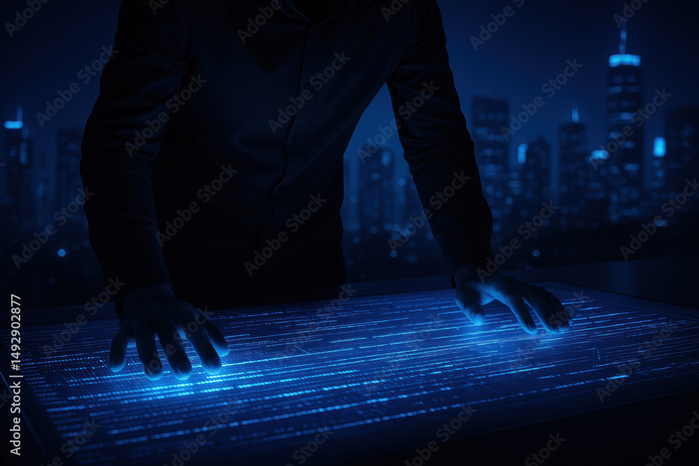 Poster a person leans over a hi-tech desk with glowing data streams flowing beneath their hands symbolizing
