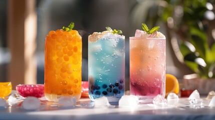 Colorful bubble tea glasses displaying icy mint and fruit flavors, representing trendy summer refreshment with vibrant beverage appeal