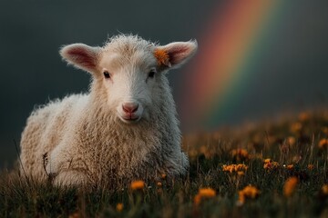 Obraz premium Fluffy little lamb resting in a green meadow under a rainbow with wildflowers and soft morning light 