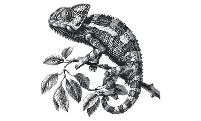 Chameleon Climbing Forward, Hand-drawn Illustration, Old Engraving Style, Black Sketch Effect, Wildlife Engraving, Rustic Animal Print, Vintage Nature Decor, Reptile Artwork © Vintage studio