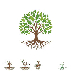 Stylized Tree with Roots and Lush Green Foliage