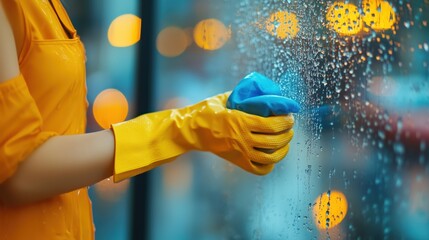 Gloved hands wiping window glass with blue microfiber cloth, cleaning solution applied, soft evening illumination reflecting behind surface