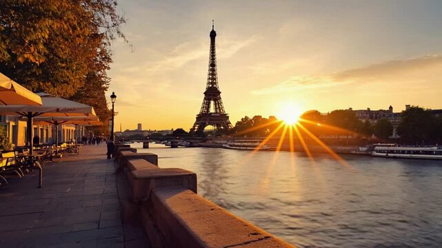 Eiffel Tower at sunset with warm city lights reflecting in the Seine. Ideal for travel themes, romantic visuals, and iconic landmarks. Paris, France.