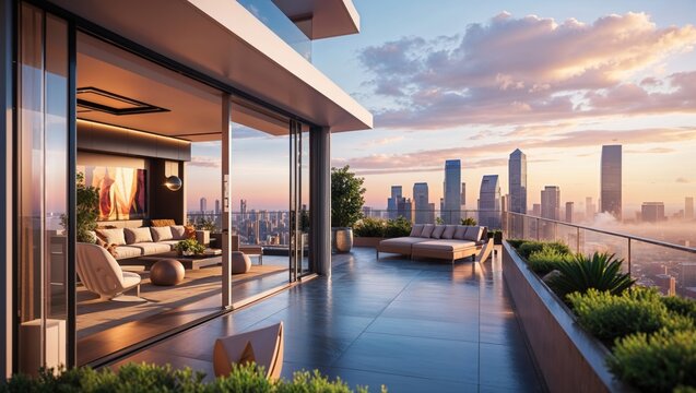 Luxury penthouse with breathtaking city views at sunset. Modern interior design meets outdoor oasis. - Powered by Adobe