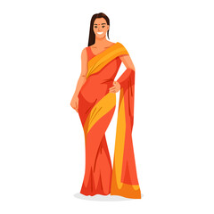 Woman in orange and yellow saree standing and smiling, flat style, on white background. Concept of cultural attire and ethnic fashion. Vector illustration