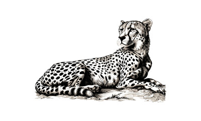 Cheetah Laying Down Relaxed, Hand-drawn Illustration, Vintage Safari Animal Print, Antique Wildlife Drawing, Wall Decor Art, Black Sketch Effect, Old Engraving Style