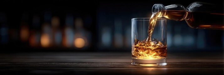 Whiskey Being Poured Into A Glass Creating A Visual Of Dark Background With Golden Lighting
