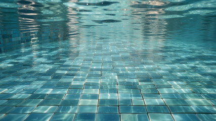 Obraz premium View of the pool bottom with blue tiles creating a mosaic pattern. The water is clear, with light reflections on the surface