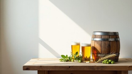 Sunlit Rustic Tabletop Still Life Featuring Two Glasses of Light Beer Beside a Wooden Barrel and Fresh Hops