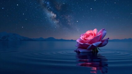 Serene Pink Rose Floating on Calm Water Under a Starry Night Sky