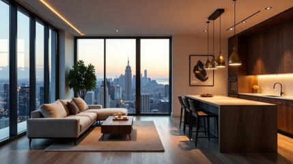 Modern city view apartment with open plan living and kitchen area featuring contemporary furniture and warm lighting