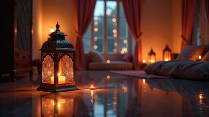 Romantic Evening Ambiance with Ornate Lantern and Soft Candlelight Reflecting on Polished Floor