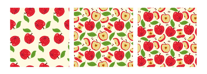 Seamless Apples Pattern set. Set of three. Red chopped and whole fruits with green leaves. Summer apple orchard. Hand drawn vector illustrations. Repeated templates for textile, wrapping, wallpaper