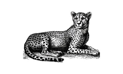 Vintage Wild Cat Illustration, Monochrome Animal Etching, Cheetah Lying Down, Safari Wildlife Art, Detailed Lion Sketch, Wildlife Print, Old Engraving Style, Trendy Wall Decor