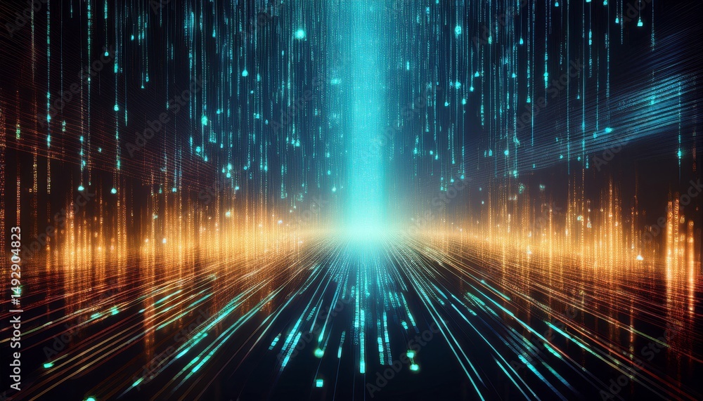 Poster abstract animation of binary code cascading down like digital rain