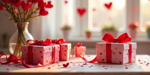 A romantic arrangement of heart-shaped gifts with red ribbons, presented on a table with scattered confetti and a vase of red hearts in the background, creating a festive and loving atmosphere.