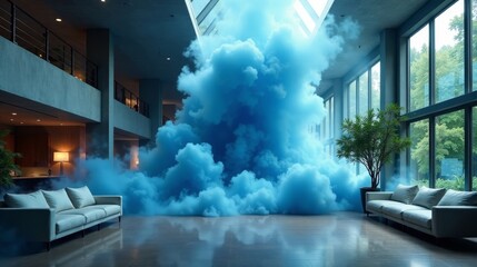 Serene Azure Vapor Enveloping a Modern Lobby's Tranquil Ambiance