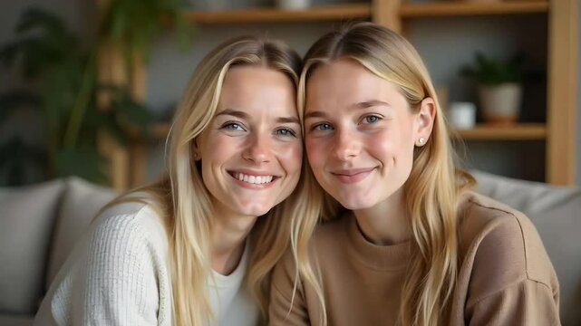 Woman mother and daughter together on a settee smiling, family time