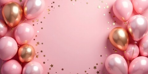 Pink and Gold Balloons Festive Celebration Background with Sparkling Stars