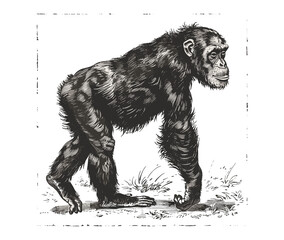 Black Sketch Chimpanzee Walking on All Fours, Vintage Primate Drawing, Antique Wildlife Art, Old Engraving Style, Trendy Animal Sketch, Nature Wall Decor, Unique Animal Illustration