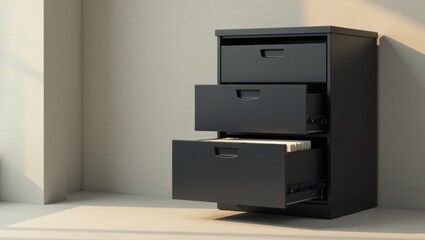 A Dark Modern File Cabinet with Partially Open Drawers Revealing Organized Documents in a Bright Room