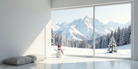 A serene winter scene viewed from a minimalist room, featuring a snowman and expansive window overlooking snow-covered mountains and a pine forest.