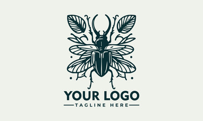 Detailed stag beetle illustration surrounded by decorative symmetrical leaves in vintage style. Nature concept
