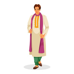 Man wearing traditional Indian kurta with scarf and green pants, standing on white background, concept of ethnic fashion. Vector illustration