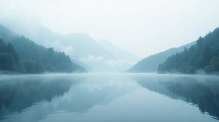 Serene Misty Lake Surrounded by Tranquil Evergreen Hills Reflecting in Calm Water
