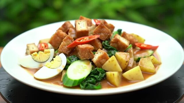 Indonesian Gado-Gado Salad with Boiled Eggs Potatoes Tofu and Chili Coated in Peanut Sauce Served on a White Plate Over a Wooden Table Against a Blurred Green Background