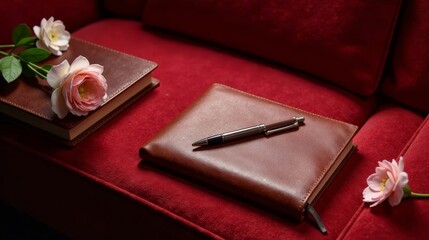 Luxurious leather journals and elegant pen rest on a plush crimson sofa, adorned with delicate pink roses, creating a scene of sophisticated tranquility and quiet reflection.