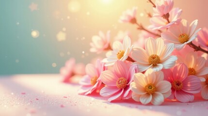 Delicate pastel blossoms bathed in soft sunlight, creating a serene and dreamy floral arrangement on a gently textured surface.