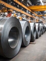 Steel coil rows in factory warehouse perspective industrial metalworking production process raw material storage manufacturing industry ironworks