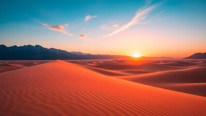 Vast desert landscape with rolling sand dunes under a warm orange sunset stretching to the horizon with distant mountains and a clear sky
