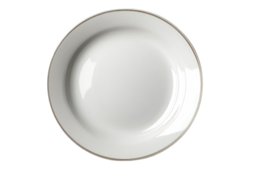A top view of a round white plate with a thin silver rim placed on a black background in a studio shot on transparent background