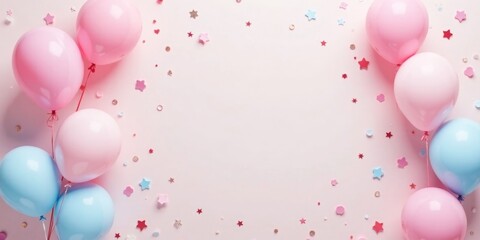 Pink and Blue Balloons with Confetti Scattered on a Light Pink Background, Perfect for Festive Celebrations