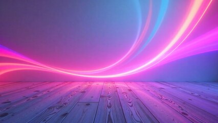 Abstract Neon Light Trails on Wooden Floor, Illuminated Interior Design Scene