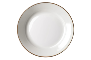 A top view of a white ceramic plate with a thin gold rim, centered on a black background, simple elegance on transparent background