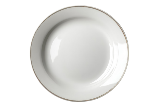A top view of a round white plate with a thin silver rim placed on a black background in a studio shot on transparent background