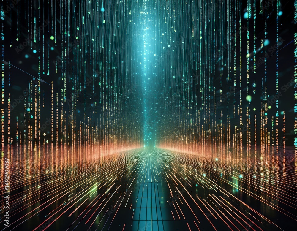 Poster abstract animation of binary code cascading down like digital rain