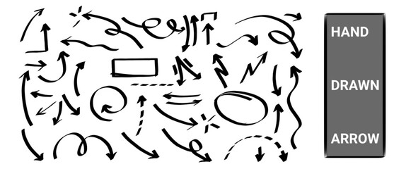 Collection of hand-drawn arrows for annotations and graphic design illustrations. hand drawn doodle style pointers, curved lines, round swirls. Chaotic scribbling, artistic design elements set. 