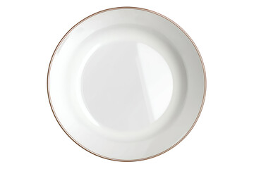 A top down view of a simple white ceramic plate with a thin gold trim on a black background studio shot on transparent background