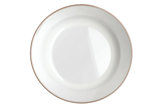 A top down view of a simple white ceramic plate with a thin gold trim on a black background studio shot on transparent background